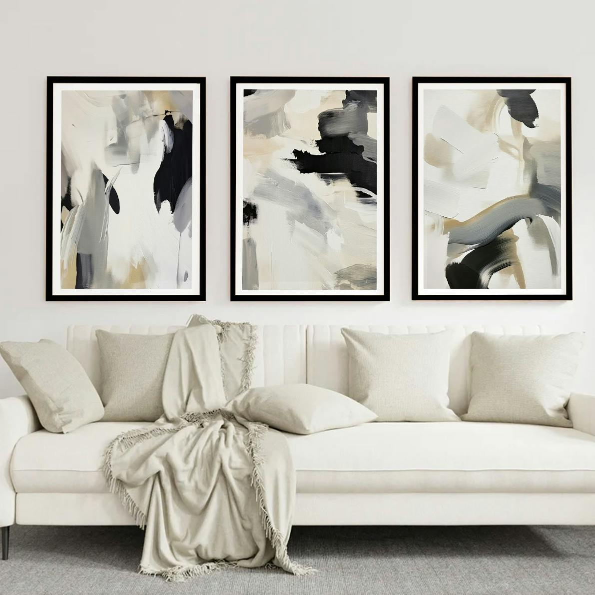Set of 3 Abstract Brush Strokes Painting Black White Neutrals