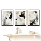 Set of 3 Abstract Brush Strokes Painting Black White Neutrals