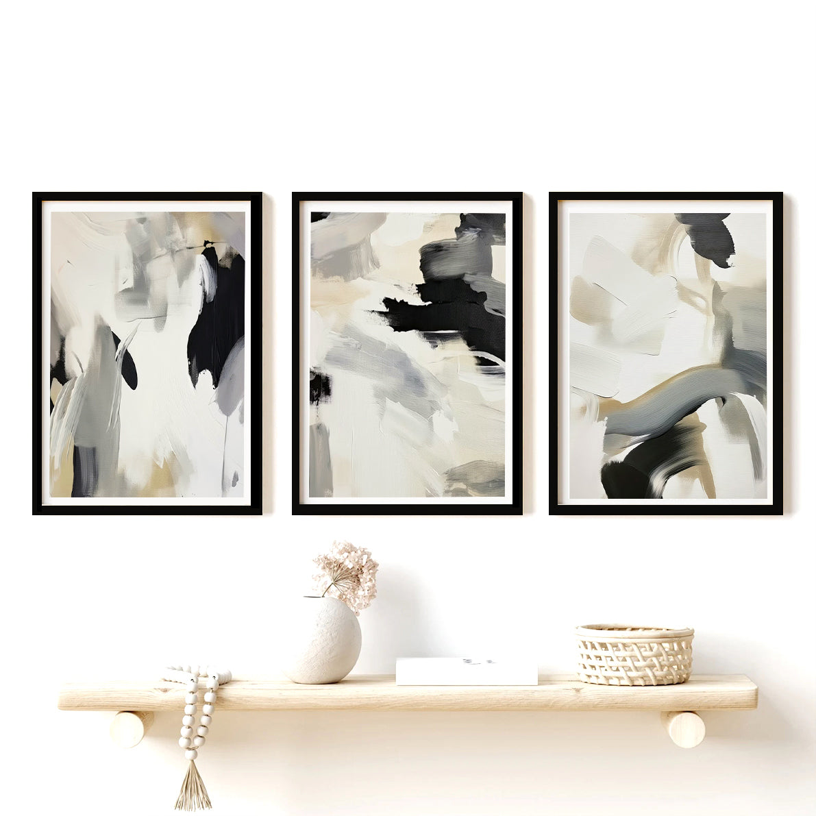 Set of 3 Abstract Brush Strokes Painting Black White Neutrals