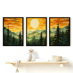 Set of 3 Green Sun Forest Mountain Painting Triptych