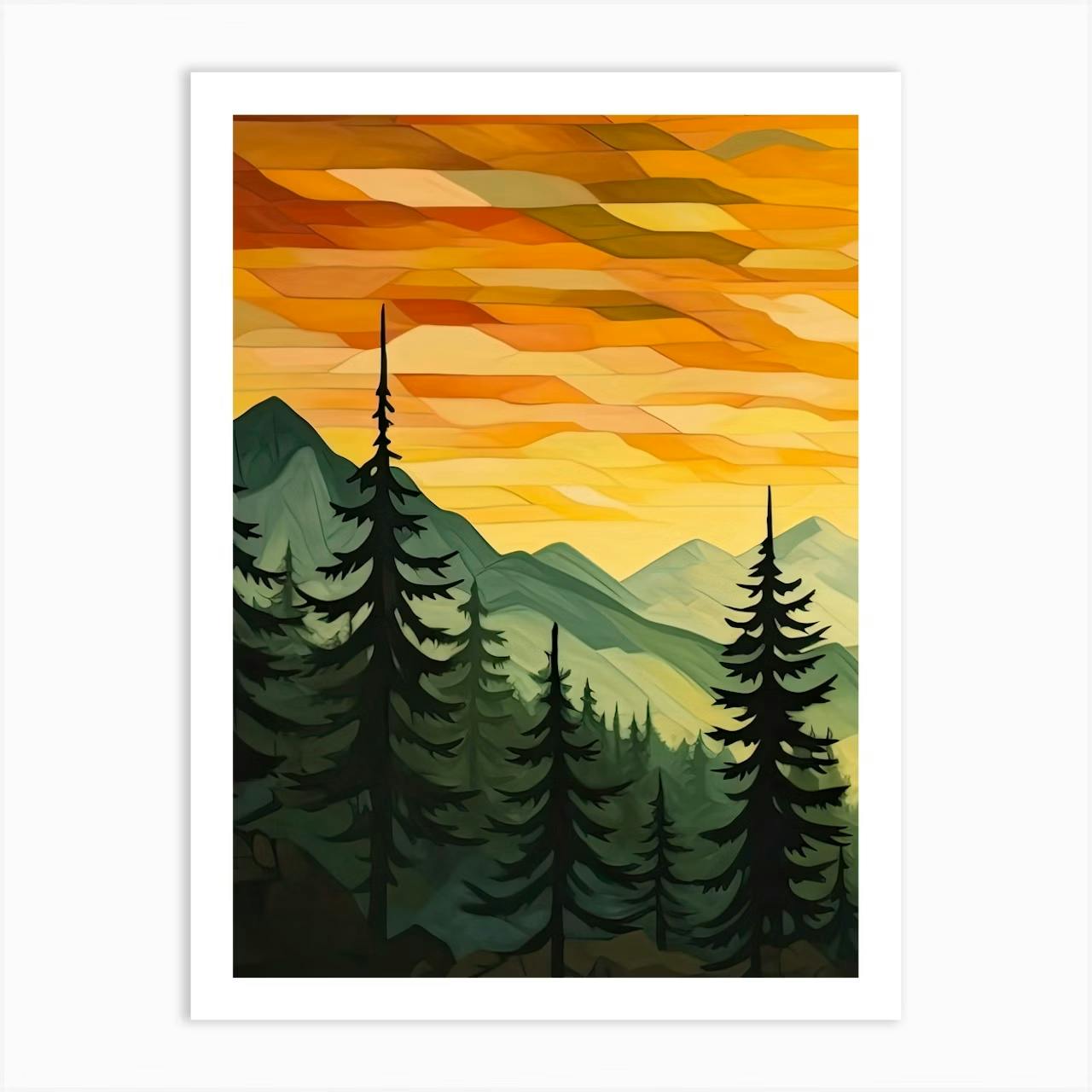 Set of 3 Green Sun Forest Mountain Painting Triptych