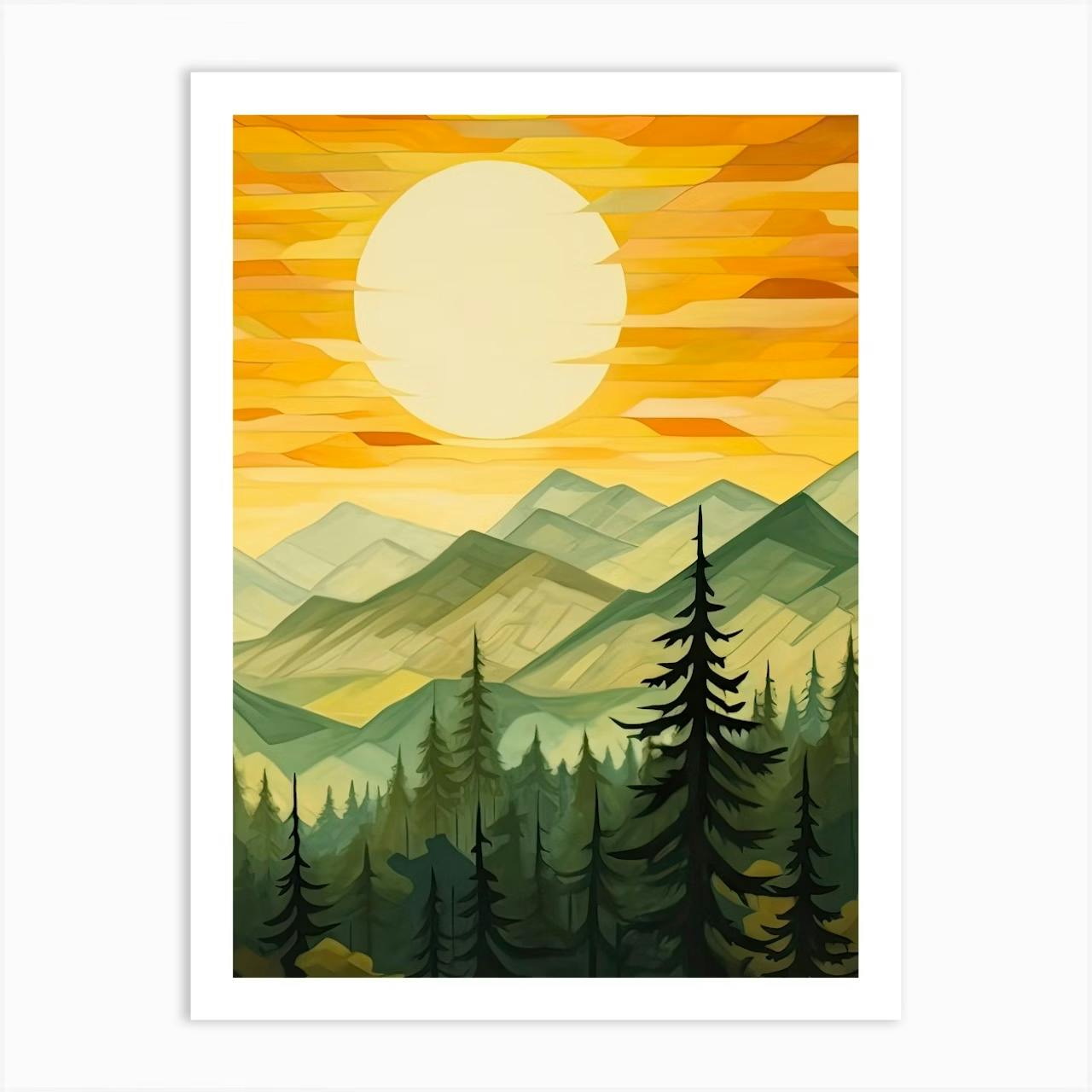 Set of 3 Green Sun Forest Mountain Painting Triptych