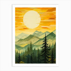 Set of 3 Green Sun Forest Mountain Painting Triptych