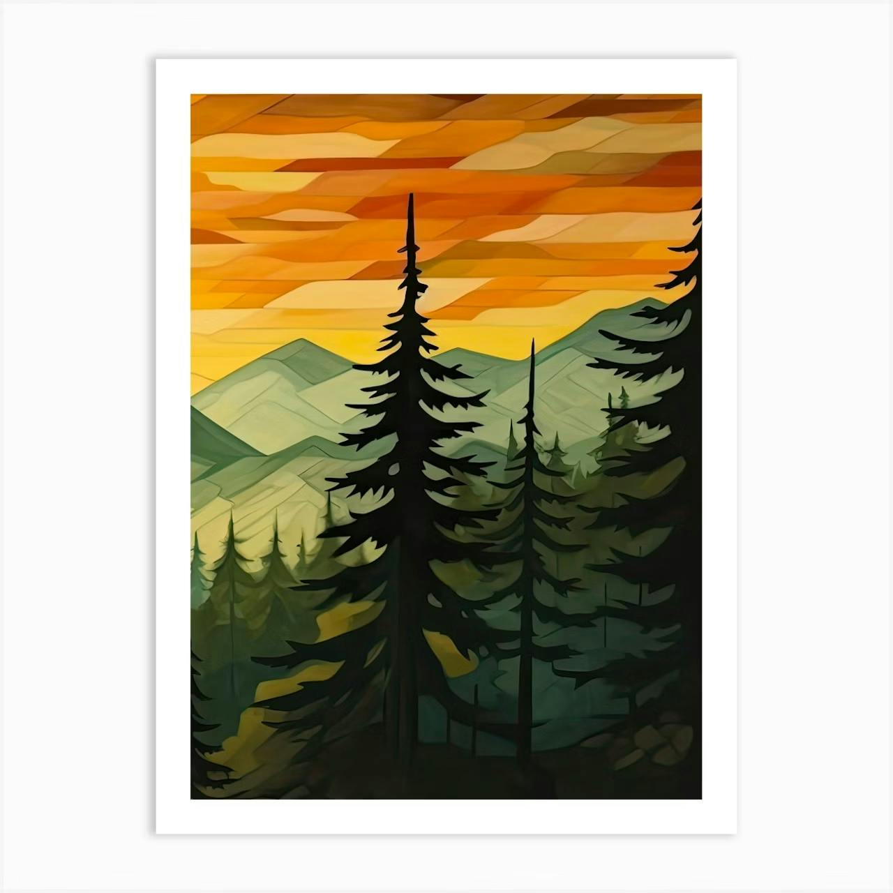 Set of 3 Green Sun Forest Mountain Painting Triptych