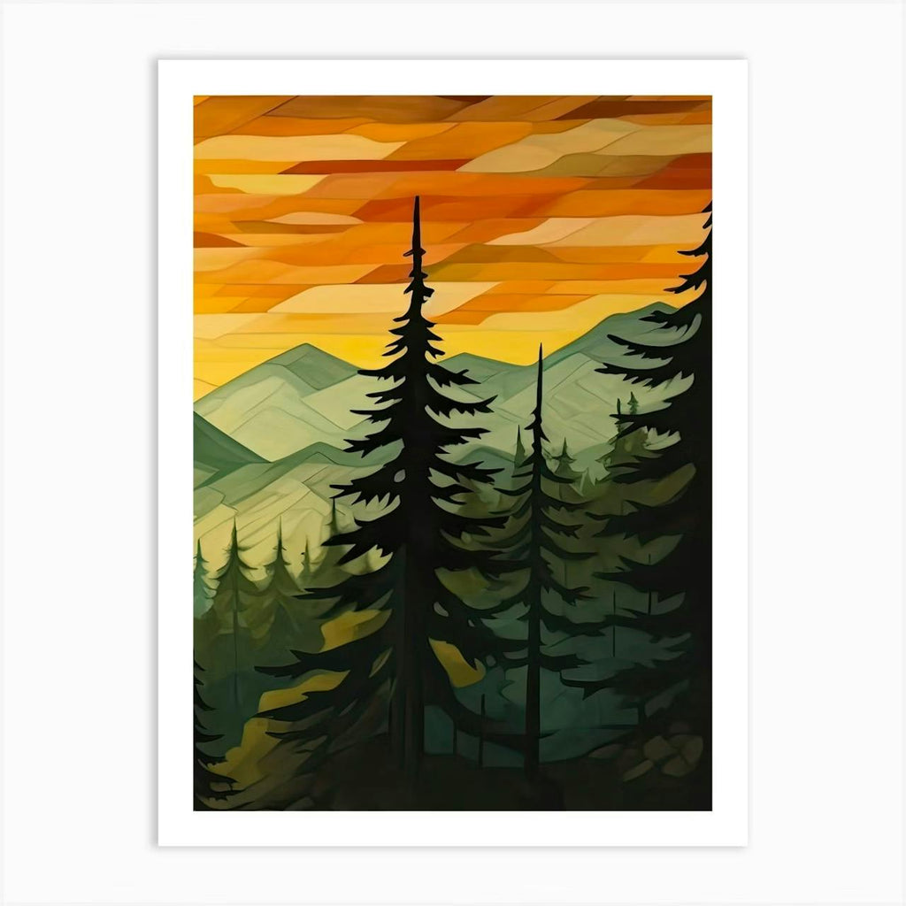 Set of 3 Green Sun Forest Mountain Painting Triptych