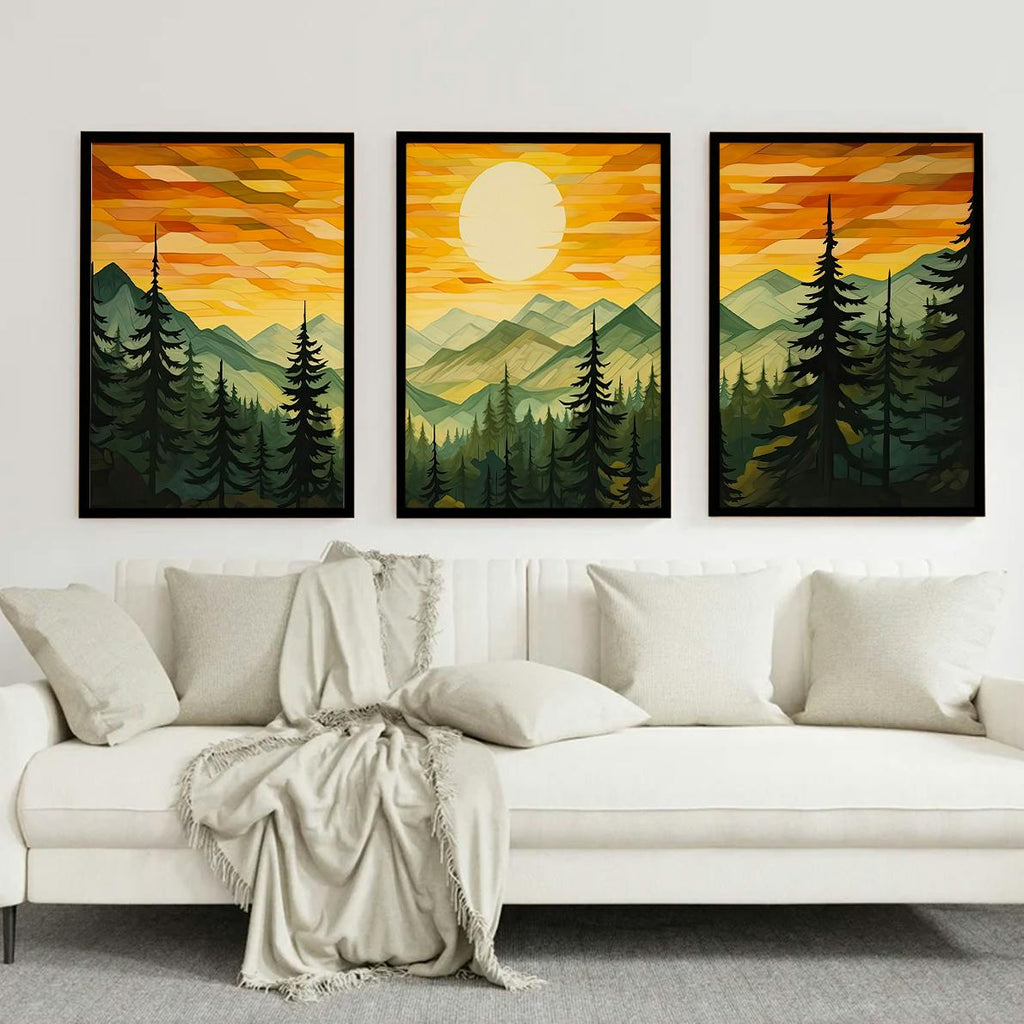 Set of 3 Green Sun Forest Mountain Painting Triptych