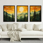 Set of 3 Green Sun Forest Mountain Painting Triptych