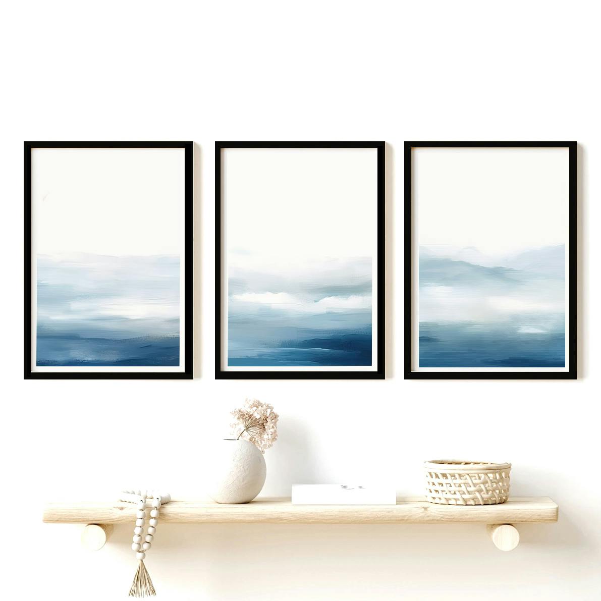 Set of 3 Watercolour Blue White Abstract Water Painting