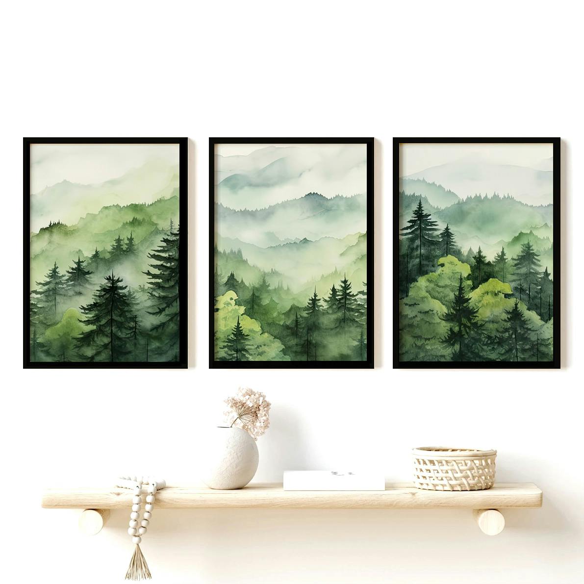 Set of 3 Green Forest Nature Scenery Watercolour