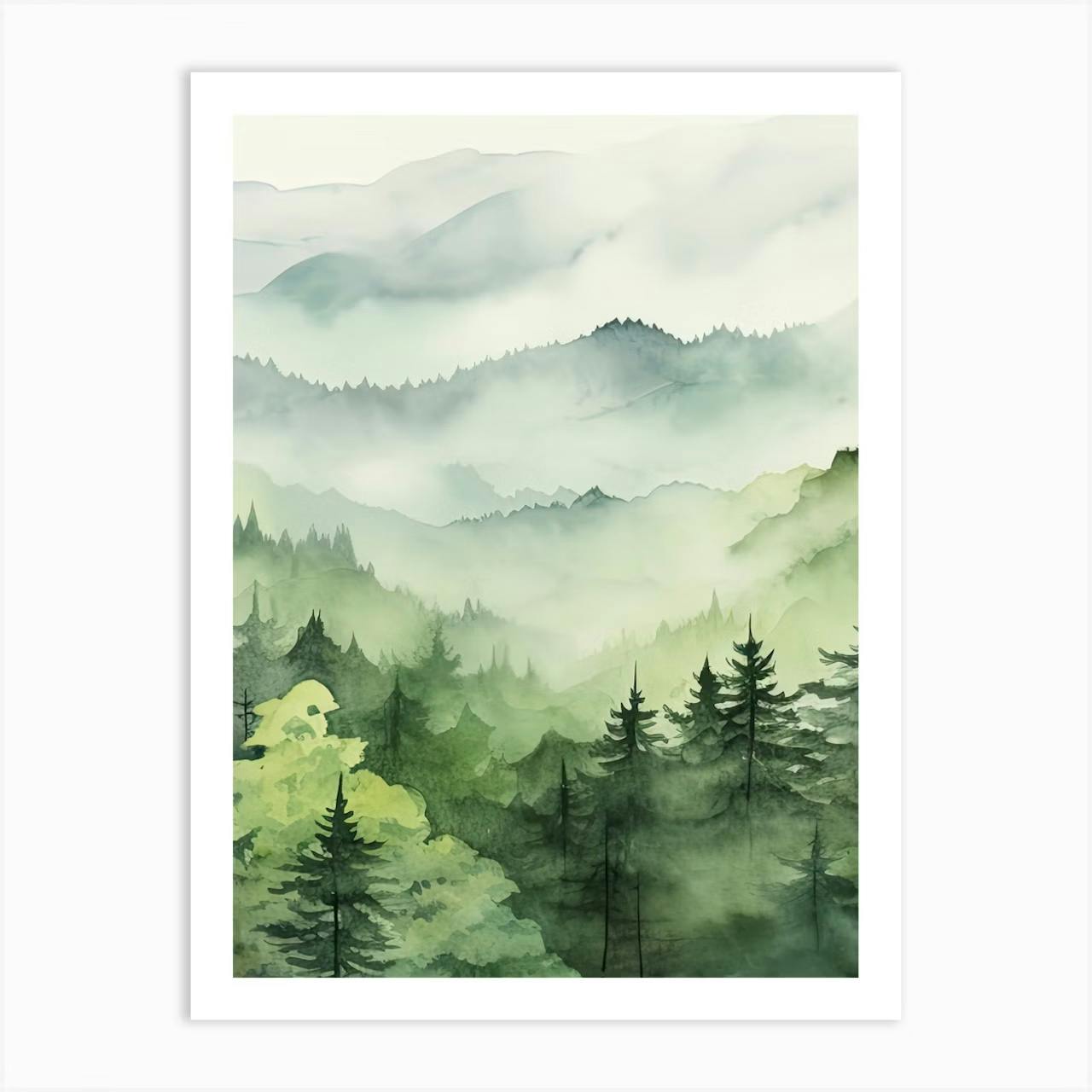 Set of 3 Green Forest Nature Scenery Watercolour