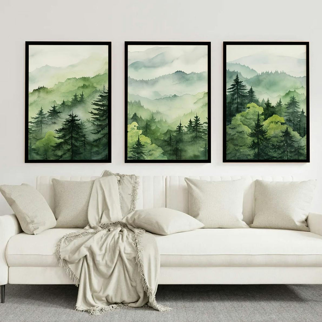 Set of 3 Green Forest Nature Scenery Watercolour