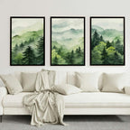 Set of 3 Green Forest Nature Scenery Watercolour