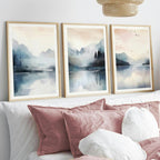 Set of 3 Watercolour Landscape, Blue Nordic Nature Lake Painting