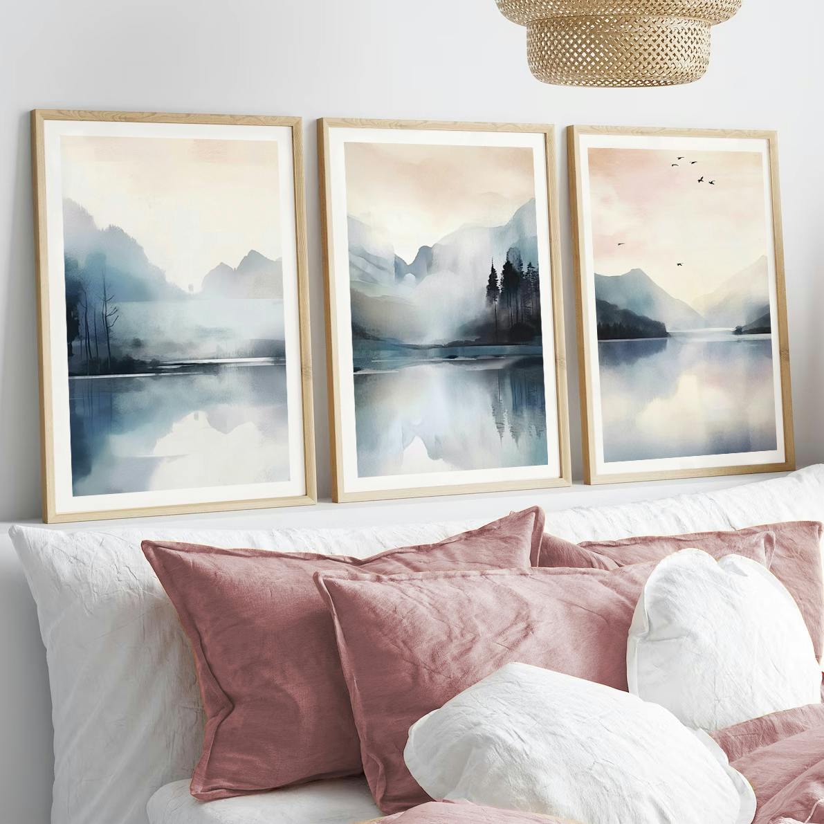 Set of 3 Watercolour Landscape, Blue Nordic Nature Lake Painting