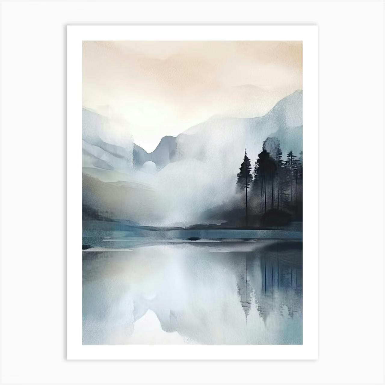 Set of 3 Watercolour Landscape, Blue Nordic Nature Lake Painting