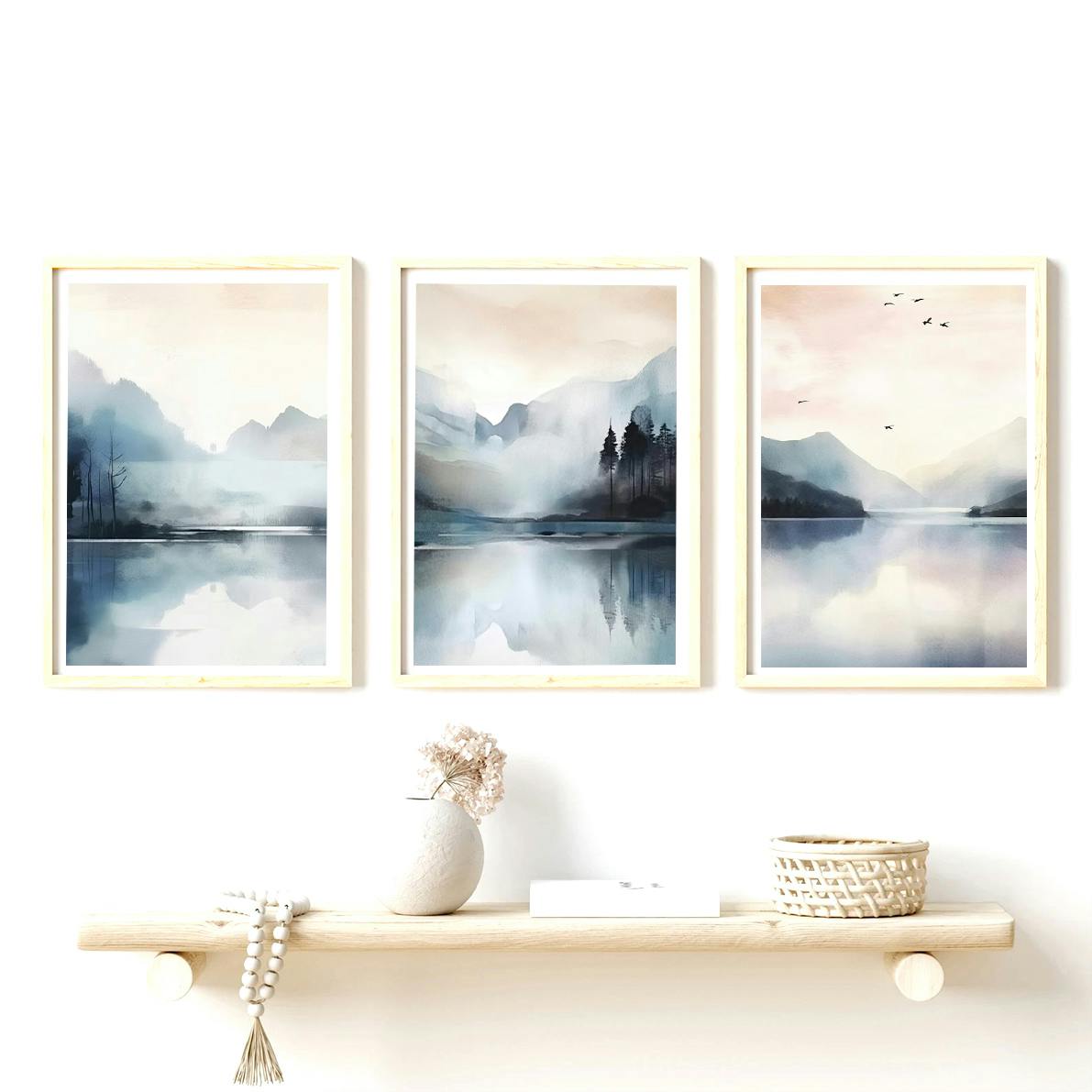 Set of 3 Watercolour Landscape, Blue Nordic Nature Lake Painting
