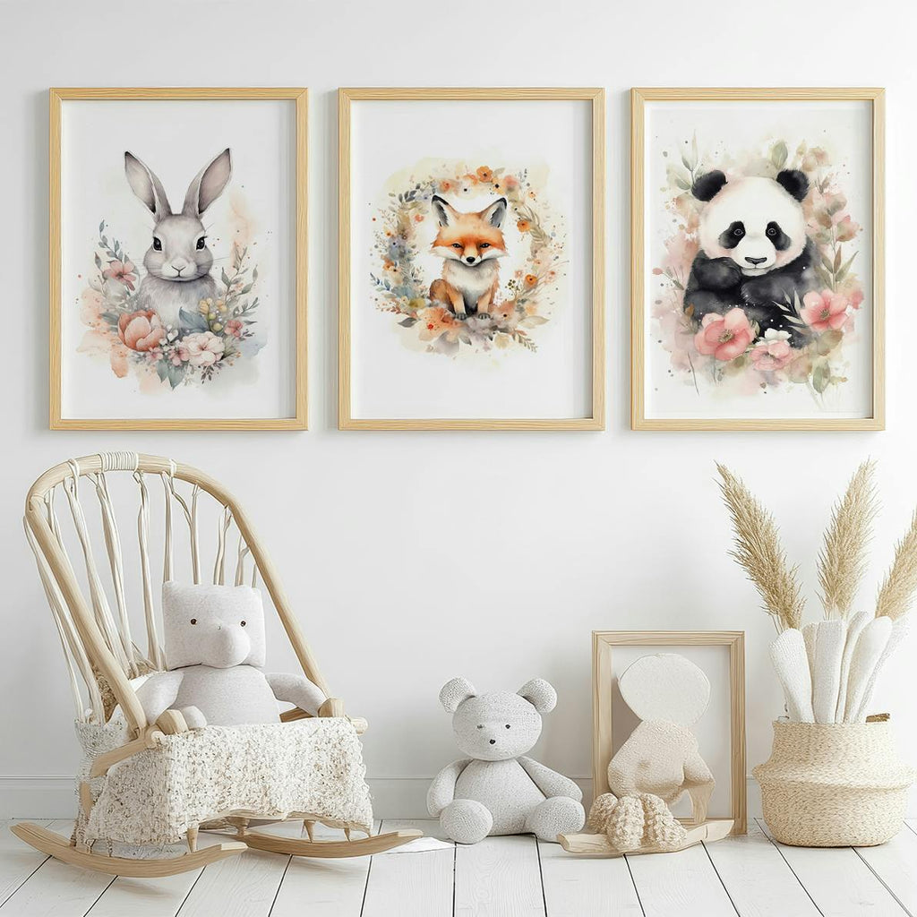 Set of 3 Animals Watercolour Flowers Nursery