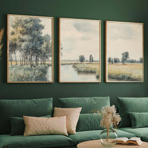 Set of 3 Summer Landscape with River and Trees Landscape Vintage Watercolour