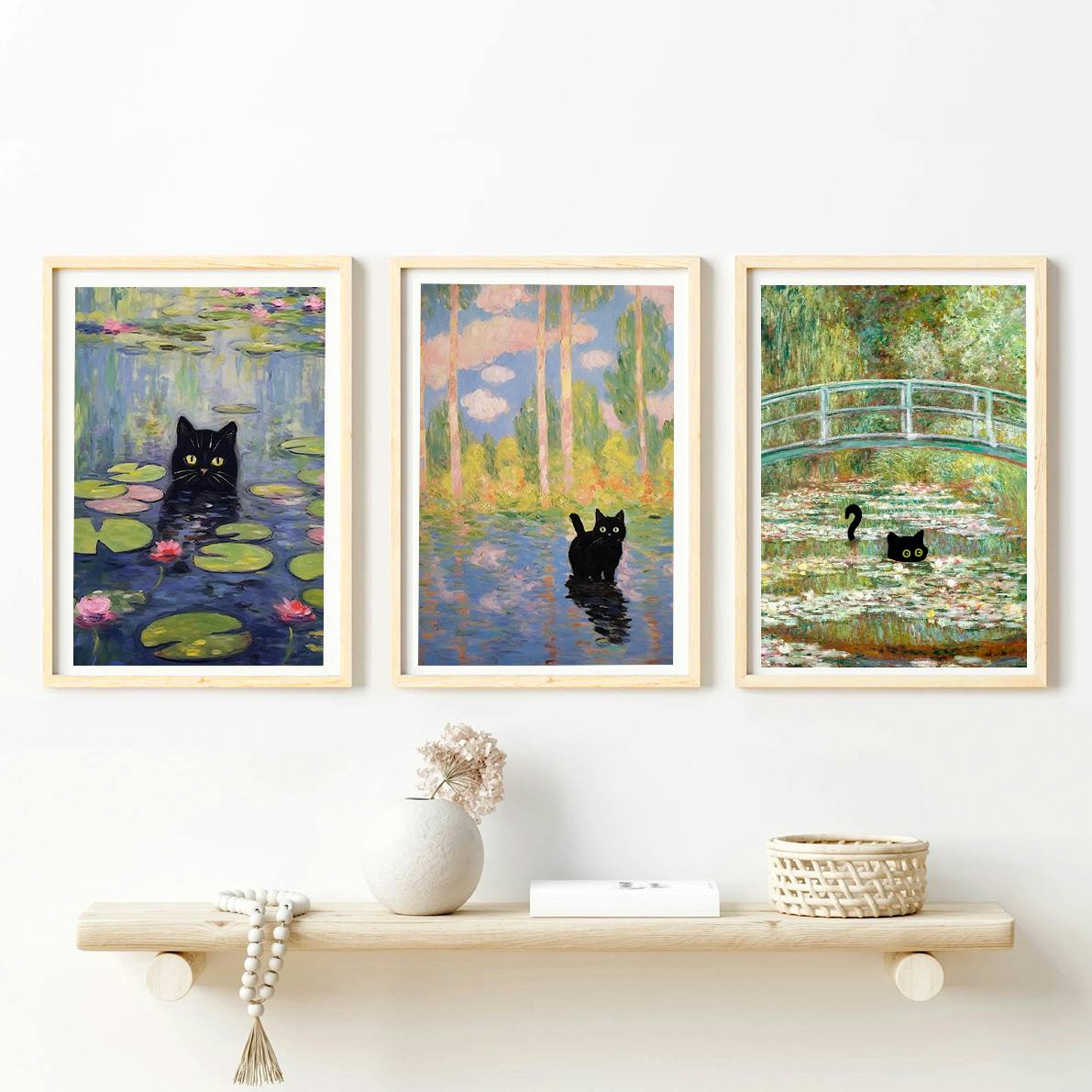 Set of 3 Black Cats Monet Inspired