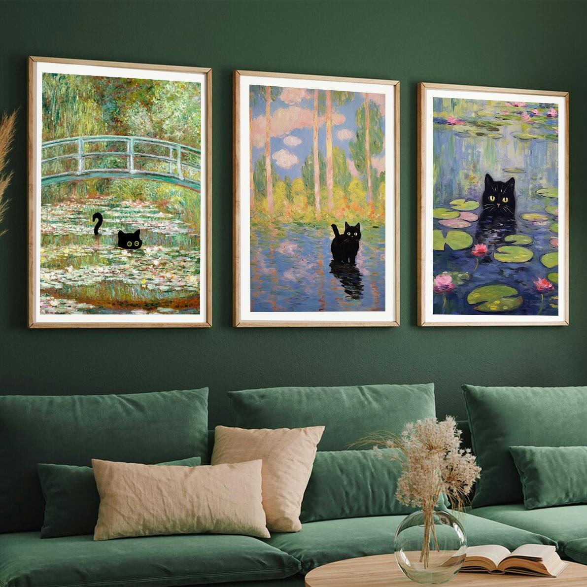 Set of 3 Black Cats Monet Inspired