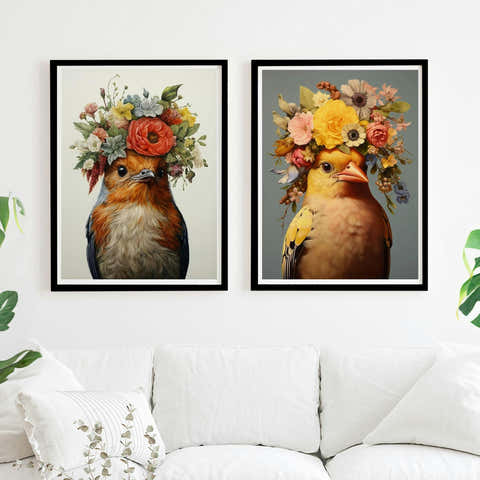 Set of 2 Birds with Flower Crown Robin and Goldfinch