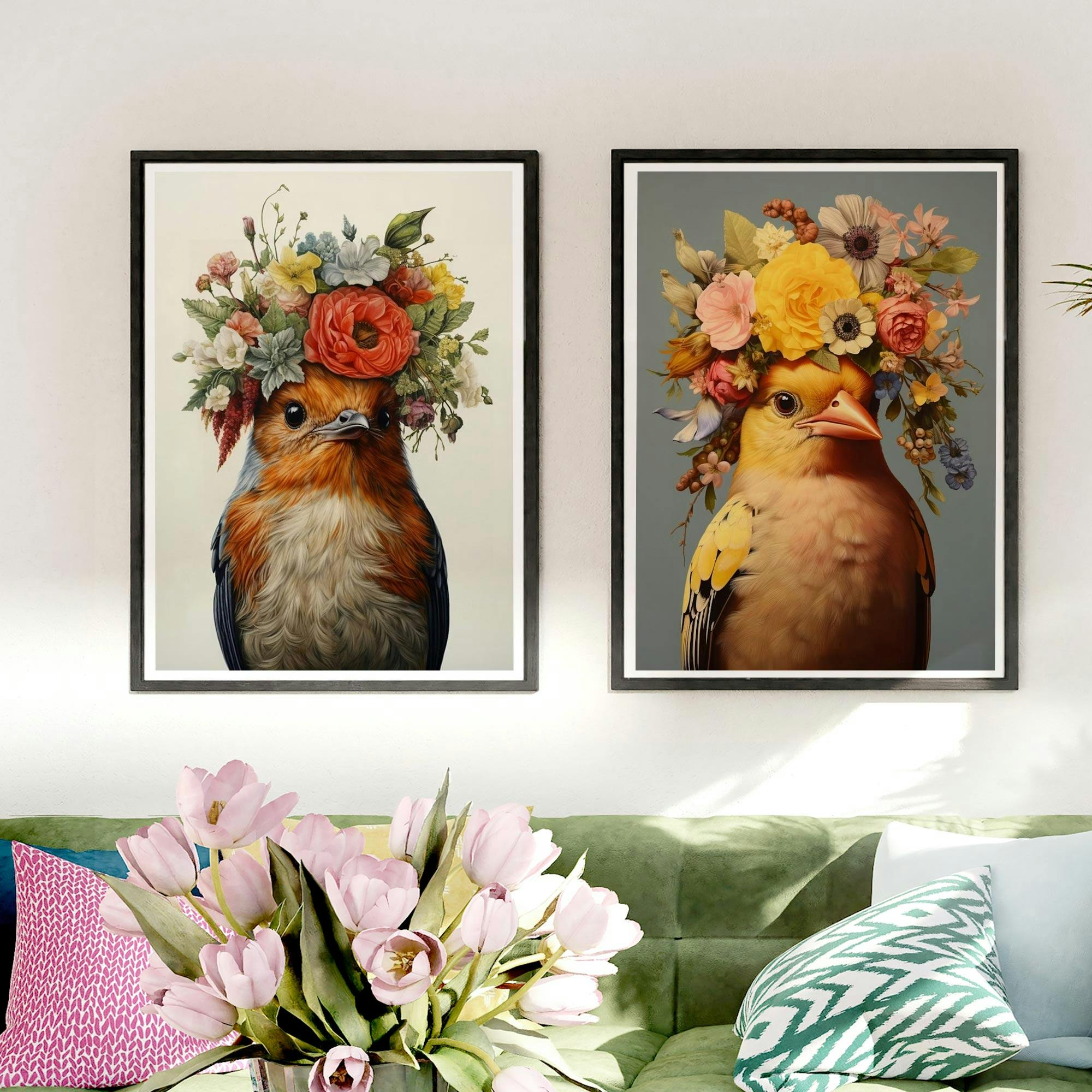 Set of 2 Birds with Flower Crown Robin and Goldfinch