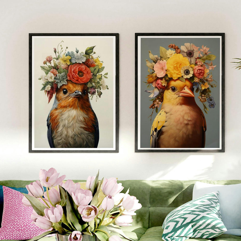 Set of 2 Birds with Flower Crown Robin and Goldfinch