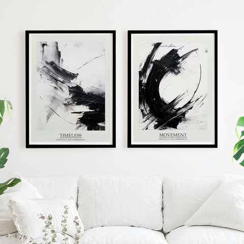 Set of 2 Black and White Abstract Ink