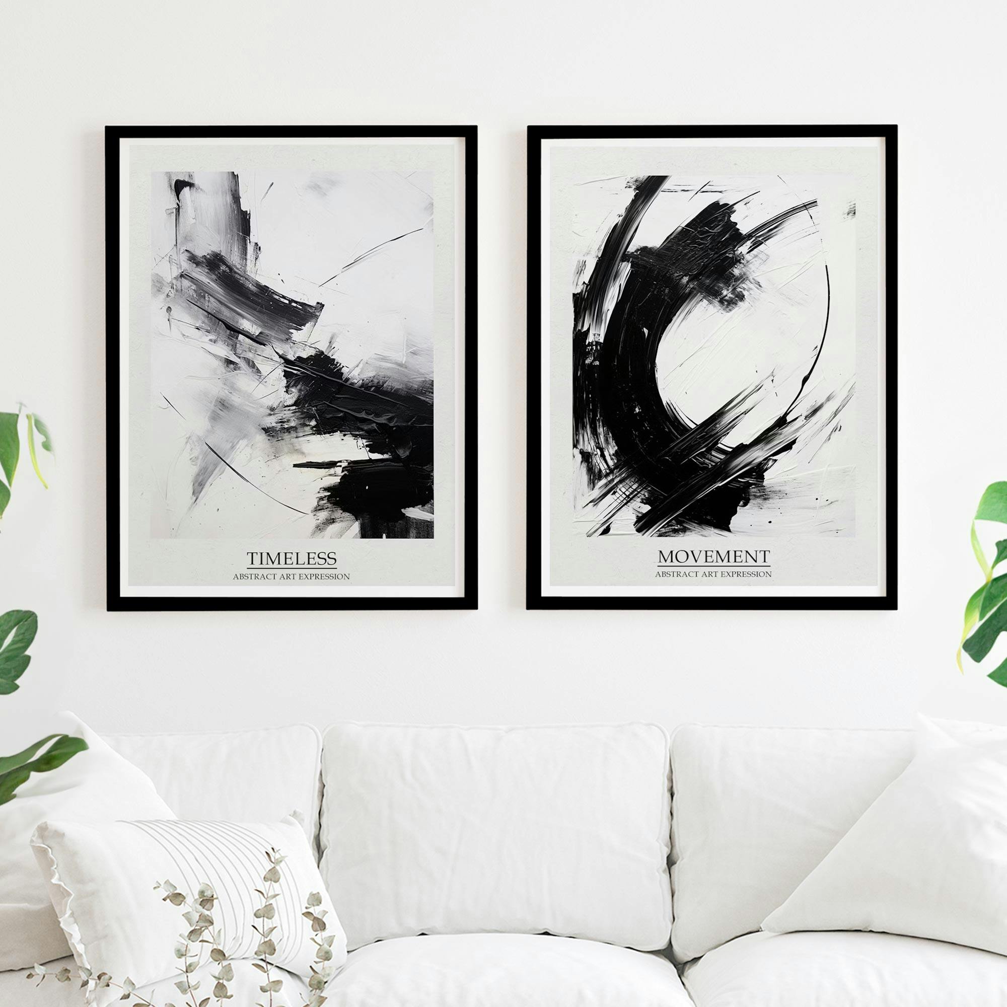 Set of 2 Black and White Abstract Ink