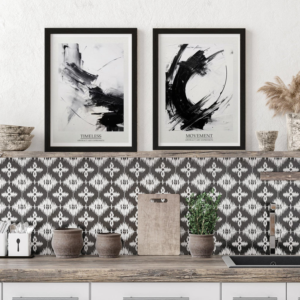 Set of 2 Black and White Abstract Ink