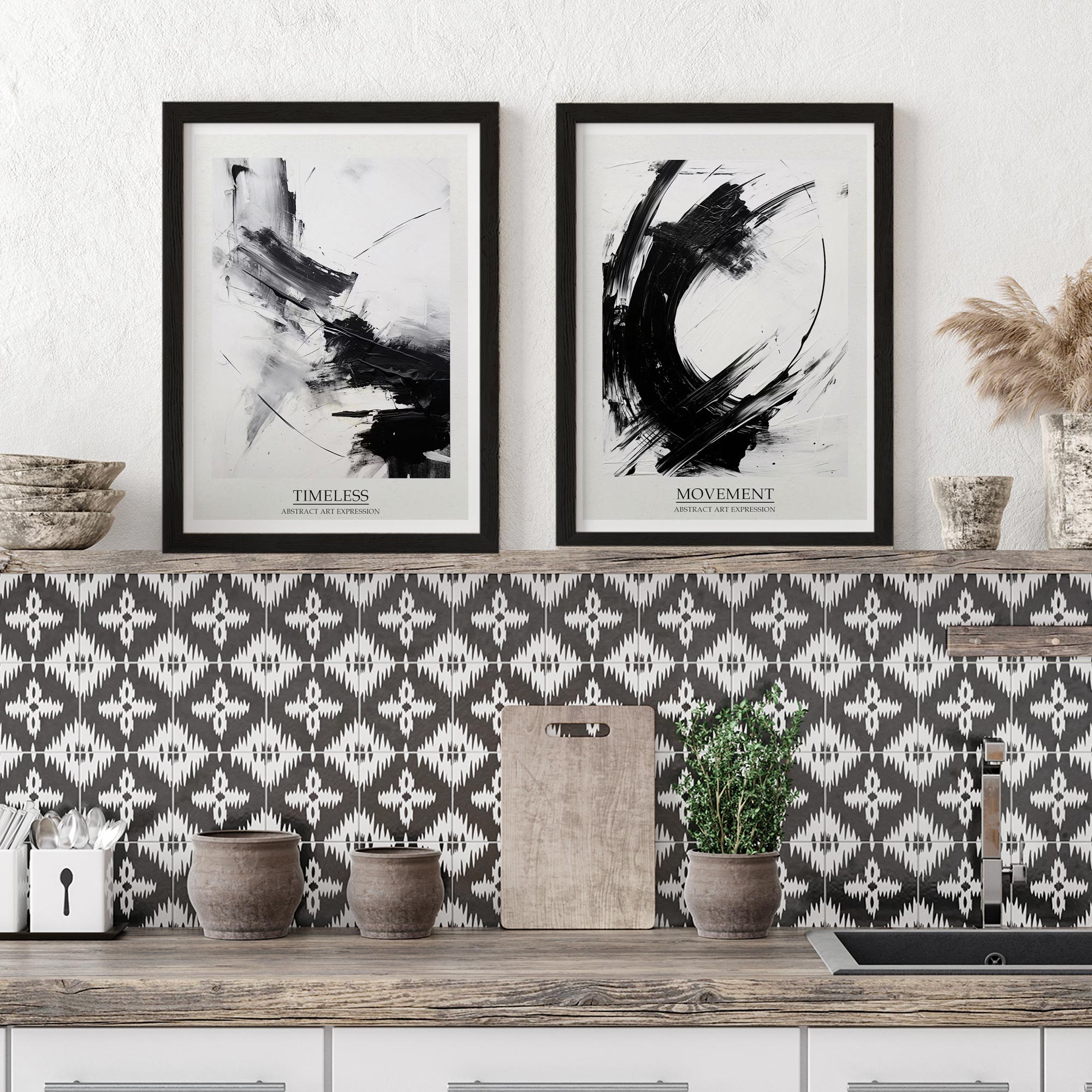 Set of 2 Black and White Abstract Ink