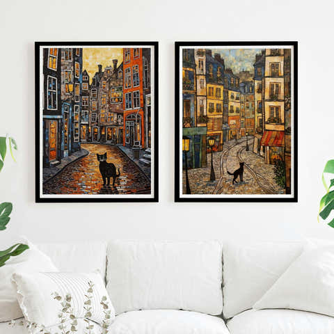 Set of 2 City Cats in Amsterdam Travel Painting