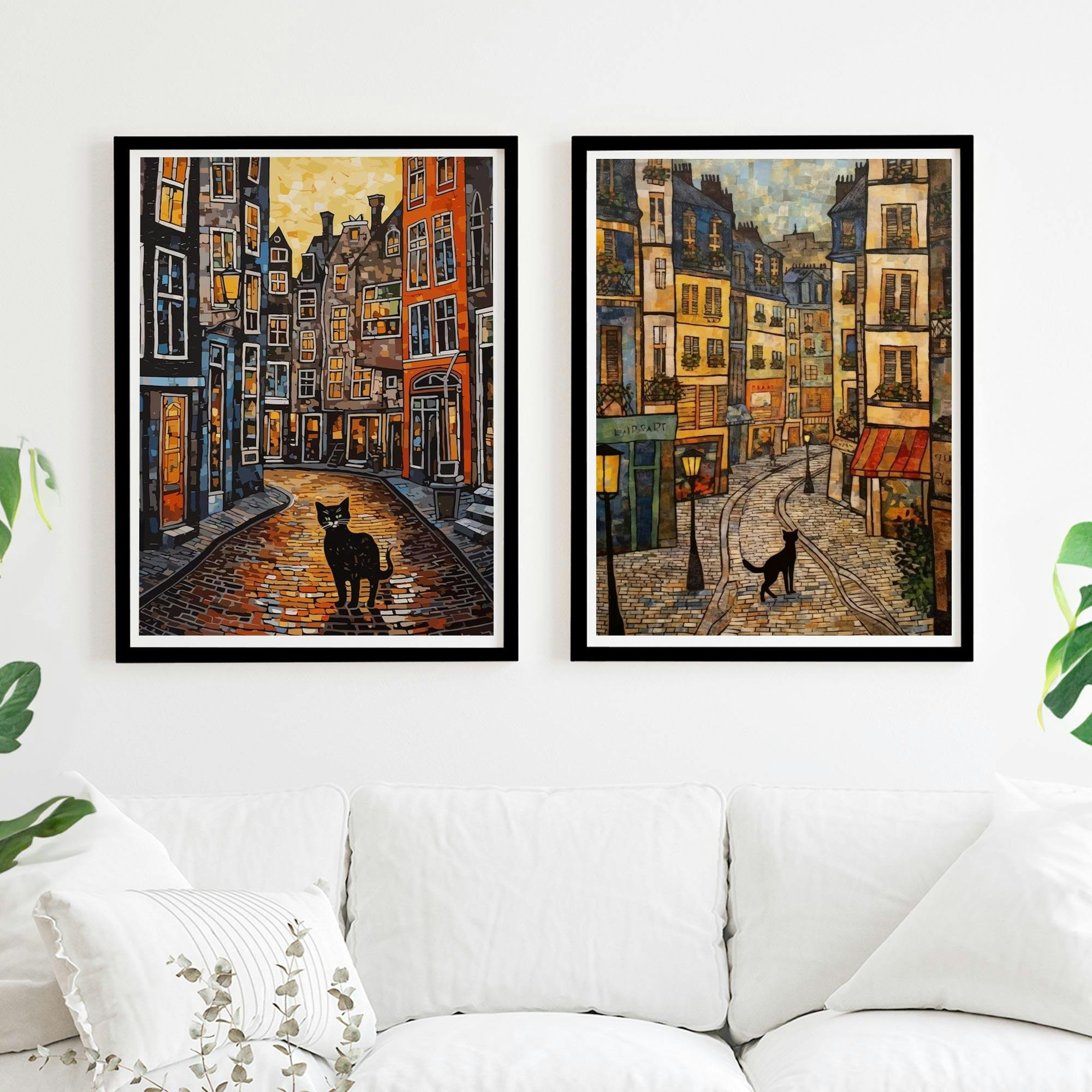 Set of 2 City Cats in Amsterdam Travel Painting