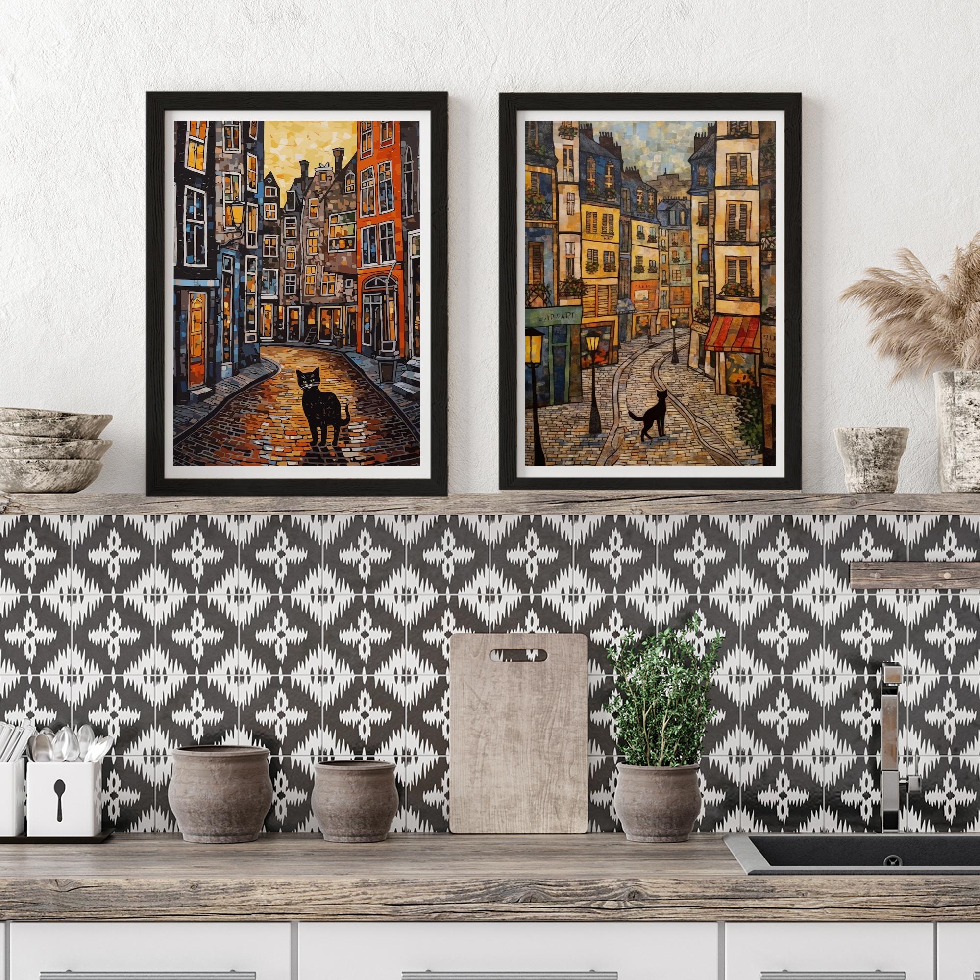 Set of 2 City Cats in Amsterdam Travel Painting