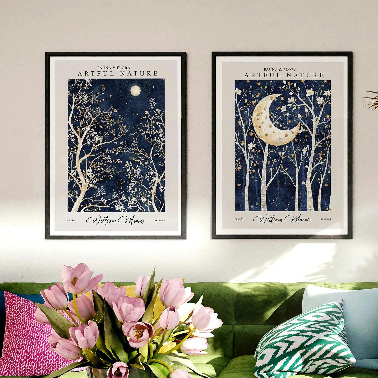 Set of 2 William Morris Moon and Stars Blue Night