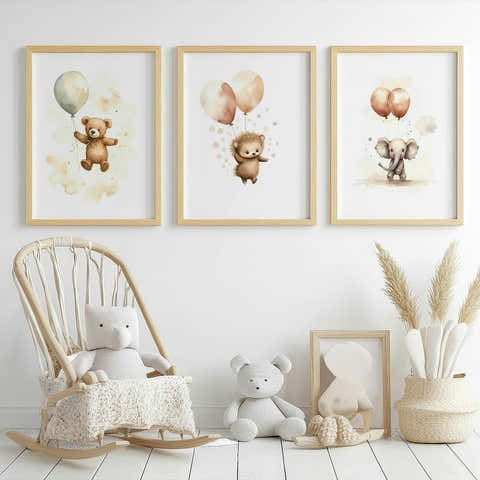 Set of 3 Nursery Art Animals with Balloons Watercolour
