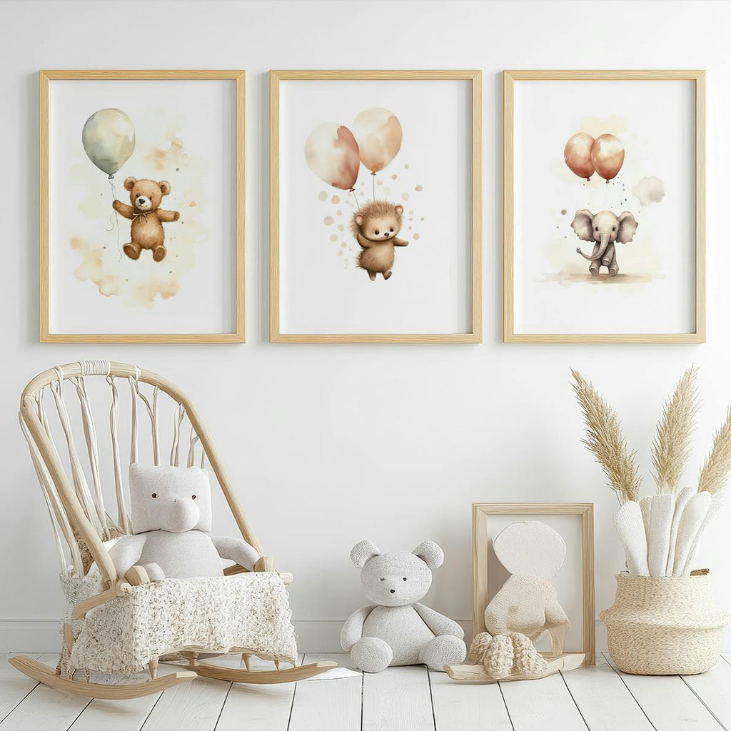 Set of 3 Nursery Art Animals with Balloons Watercolour
