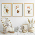 Set of 3 Nursery Art Animals with Balloons Watercolour
