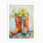 Set of 2 Cowboy Boots with Flowers Western Cowgirl