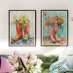 Set of 2 Cowboy Boots with Flowers Western Cowgirl