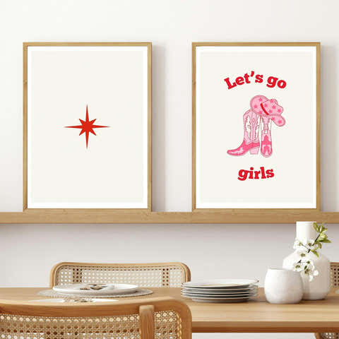 Set of 2 Western Let's Go Girls retro star Cowgirl