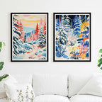 Set of 2 Winter Snow Forest Art Day and Night