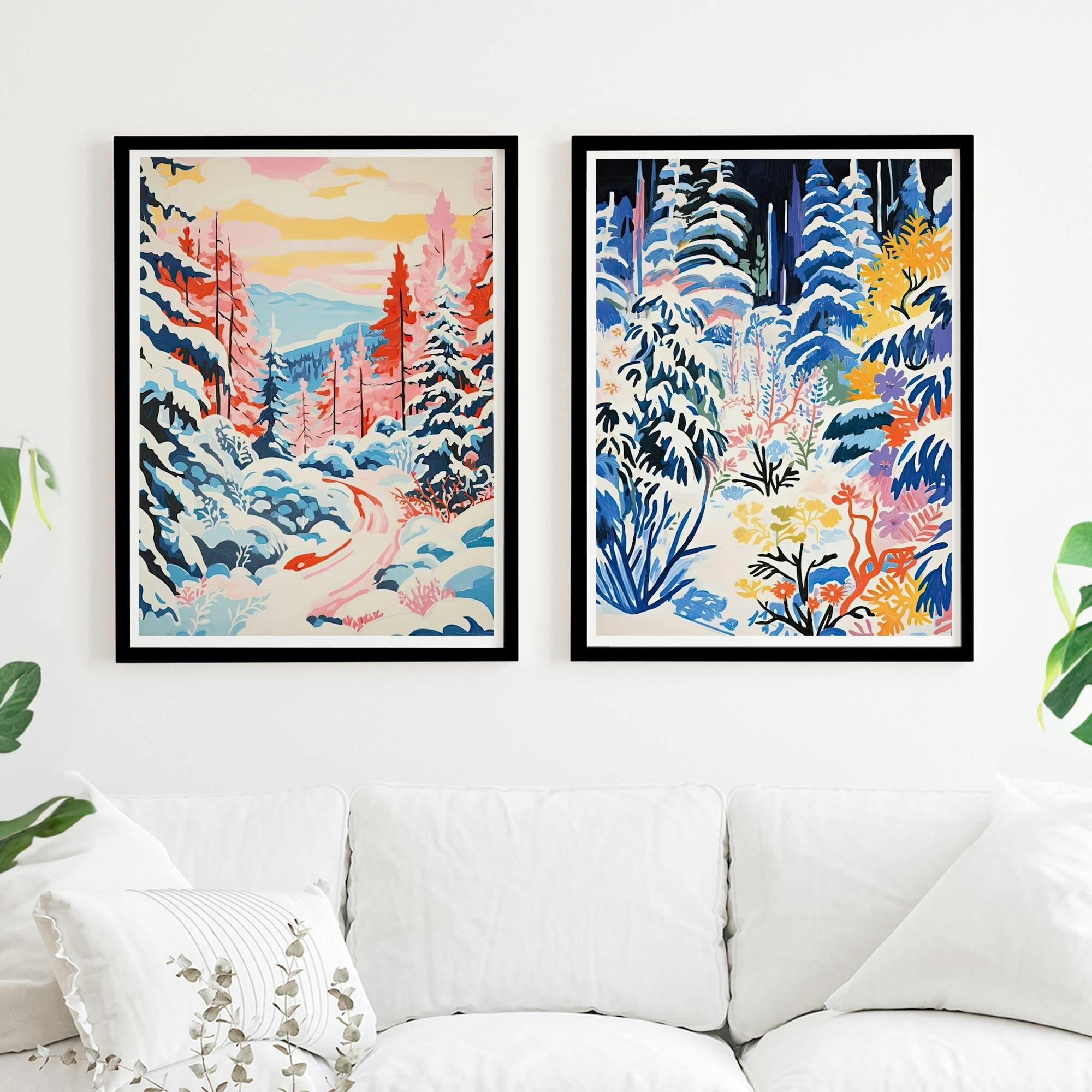 Set of 2 Winter Snow Forest Art Day and Night