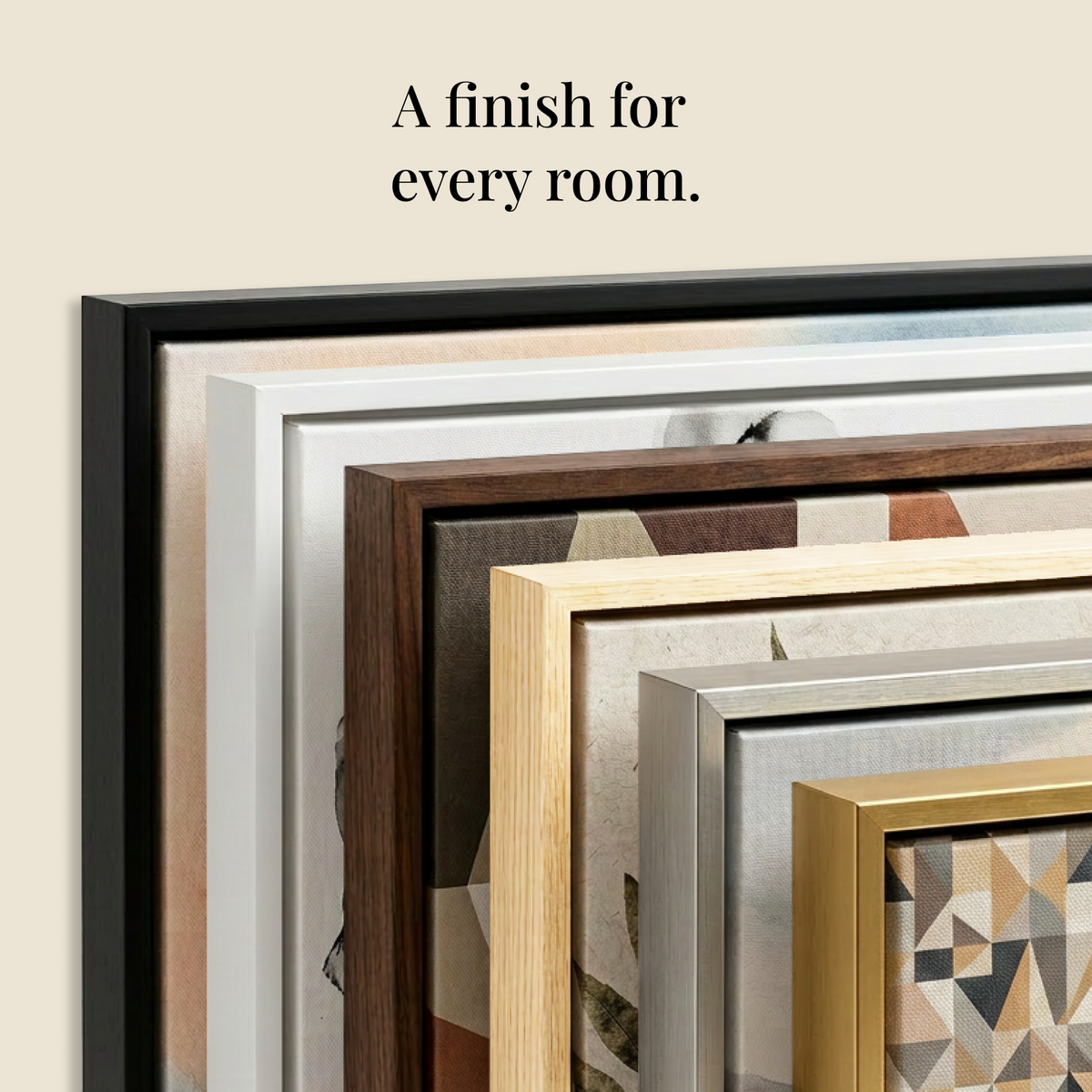 Canvas float frame corners in black, white, dark wood, oak, silver and gold nested together, with the heading "The right frame for every room."