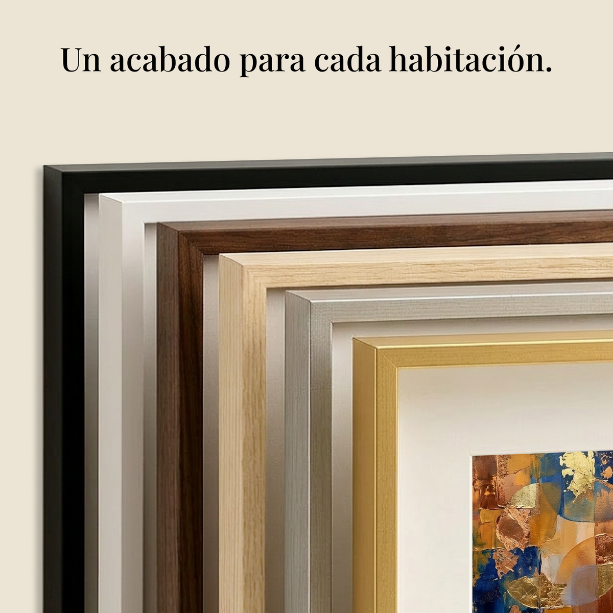 Frame corners in black, white, dark wood, oak, silver and gold nested together, with the heading "The right frame for every room."