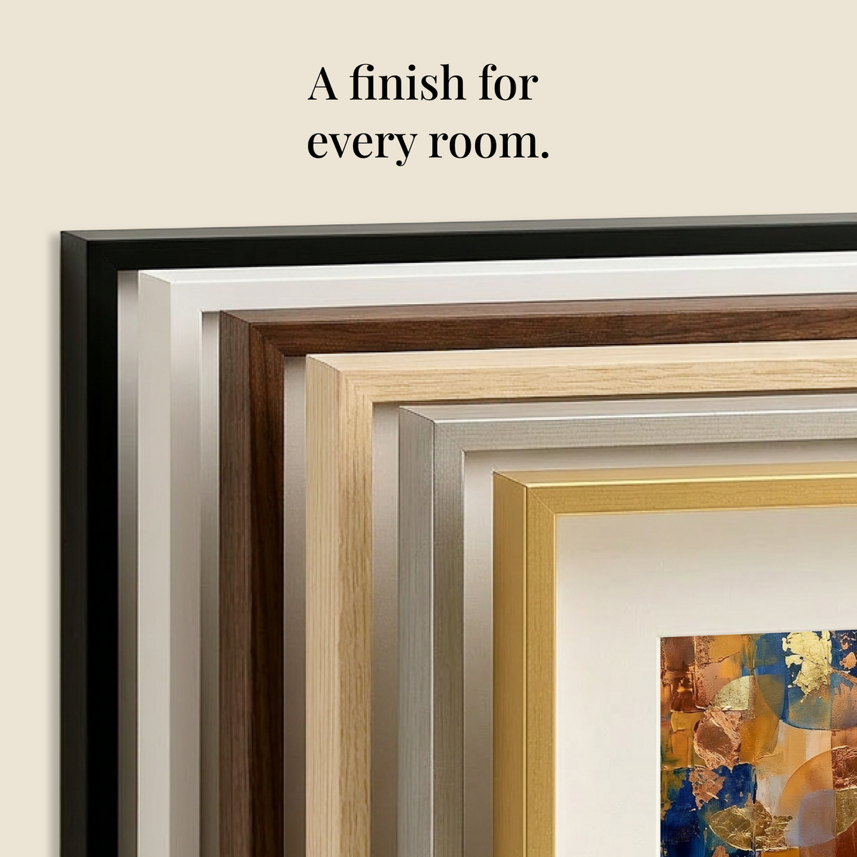 Frame corners in black, white, dark wood, oak, silver and gold nested together, with the heading "The right frame for every room."