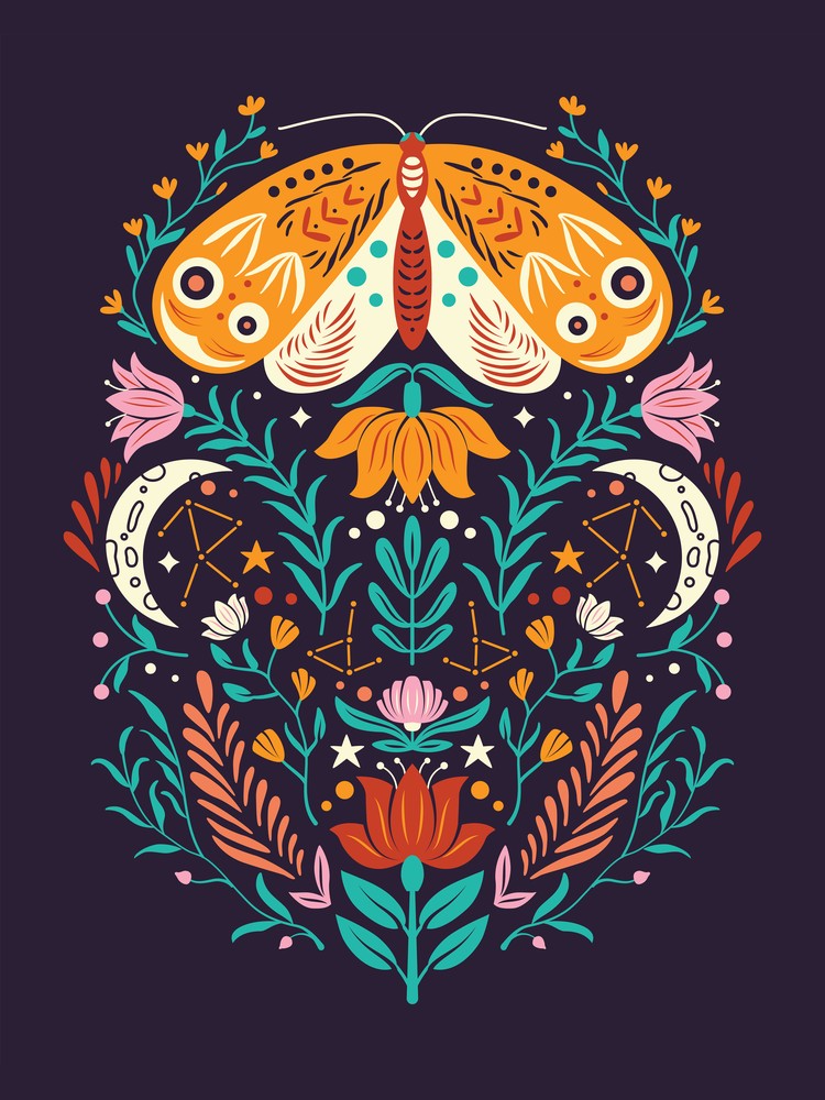 Colorful Moth With Florals On Deep Purple