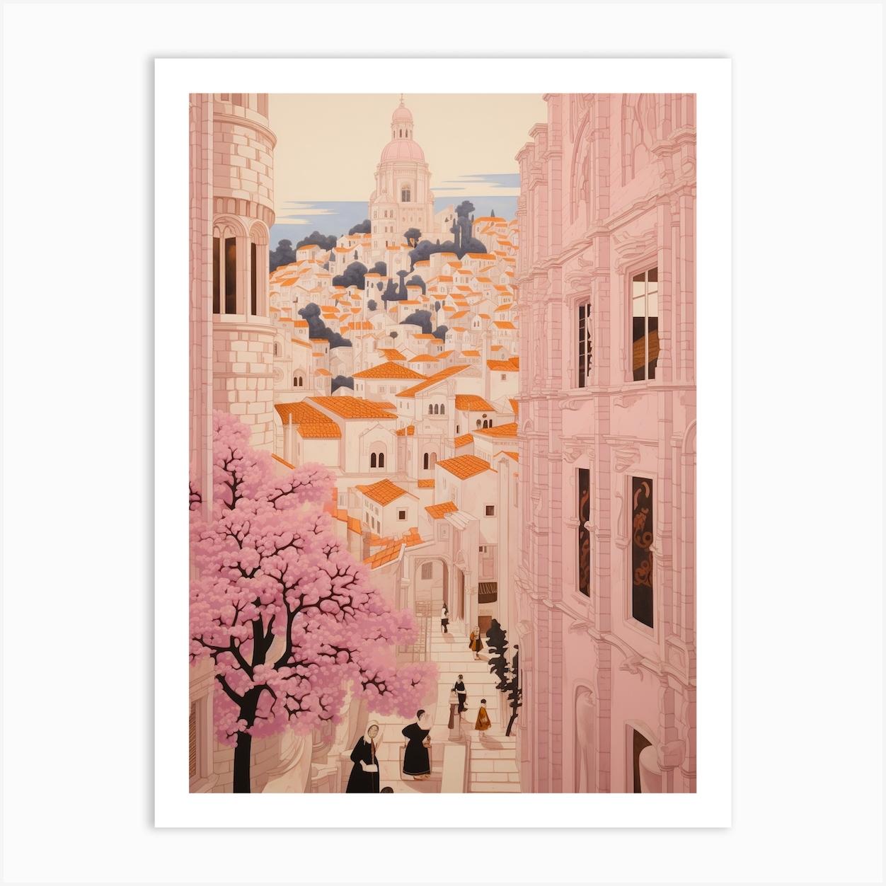 Dubrovnik Kroatien 4 Vintage Rosa Reiseillustration