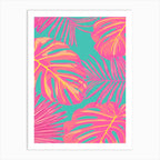 Tropical Monstera and Palm Leaves Pink on Turquoise
