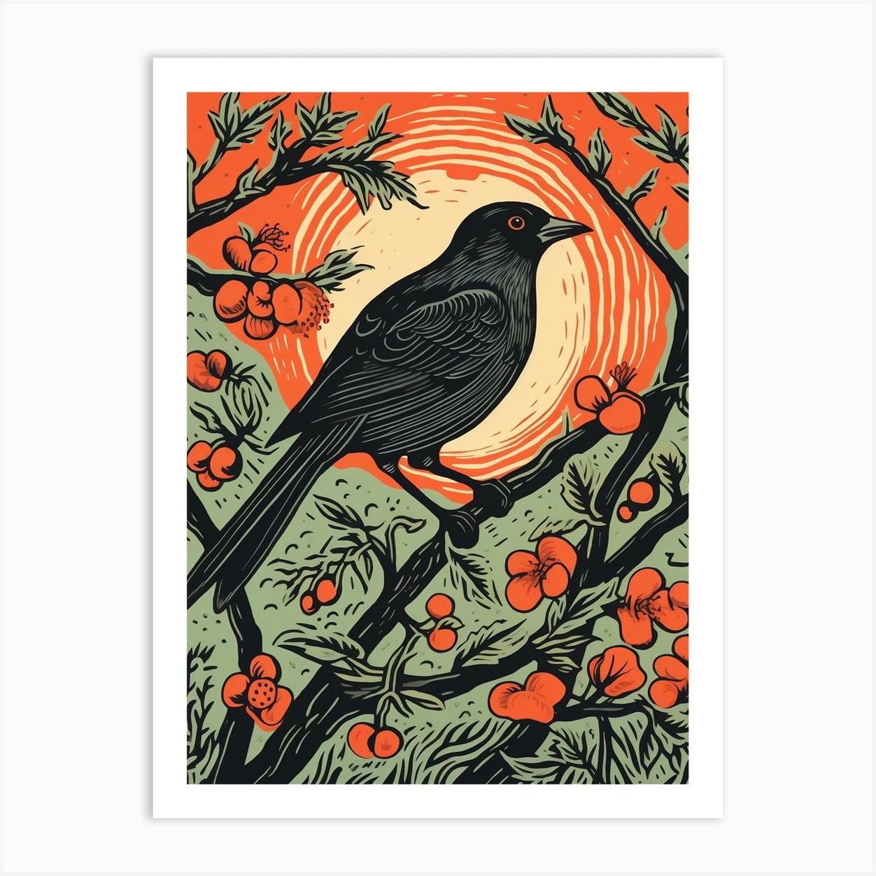 Vintage Bird Linocut Cowbird 4